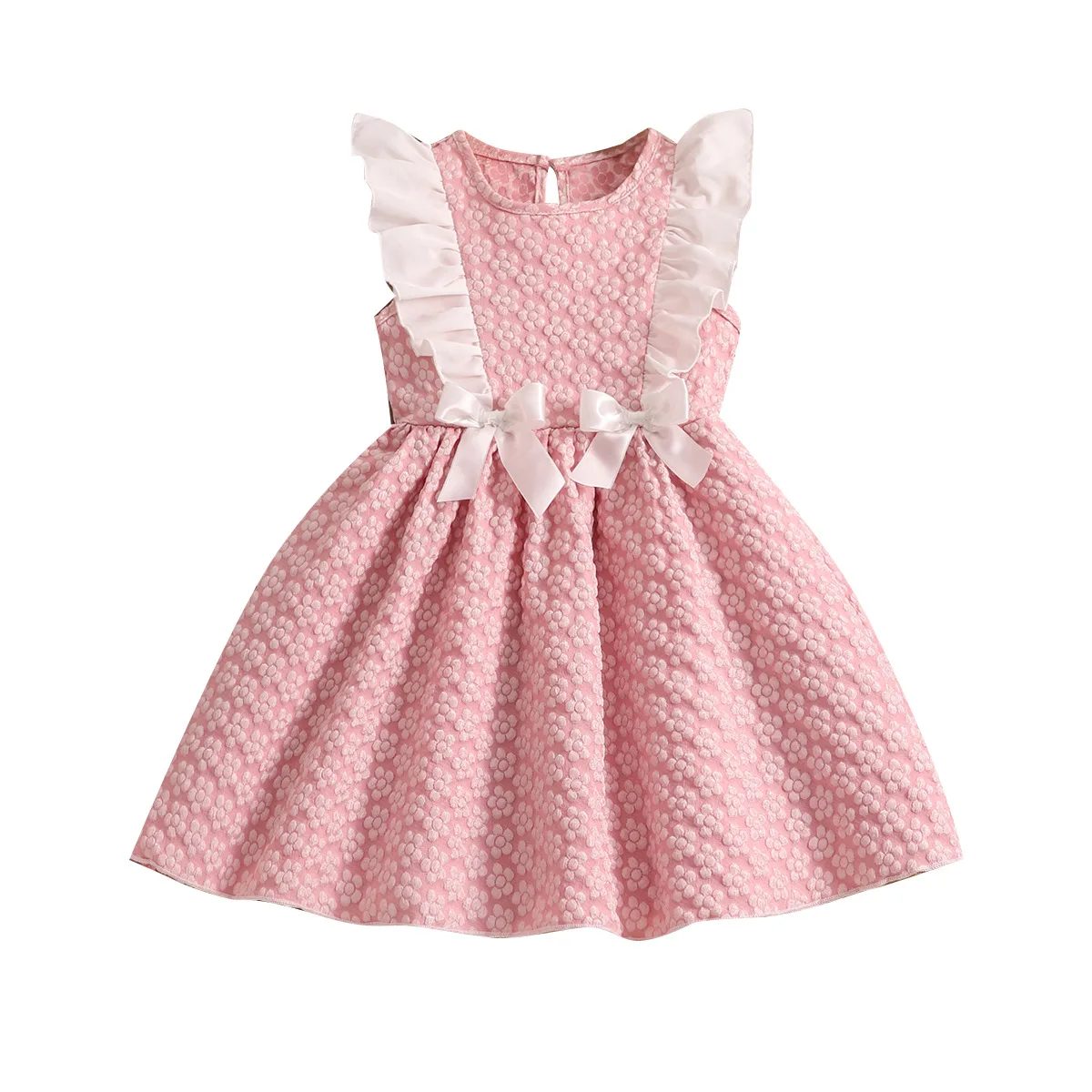 New Arrival Toddler Girl Flower Woven Textured Sundress, Frill Splice Hem With Bow Embellishment, Children Casual Dress