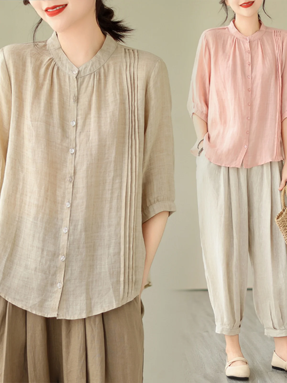  Loose Casual Women's Two-Piece Set Summer Fashion Pure Color Shirt And Pants Slimming Effect High-End Ensemble