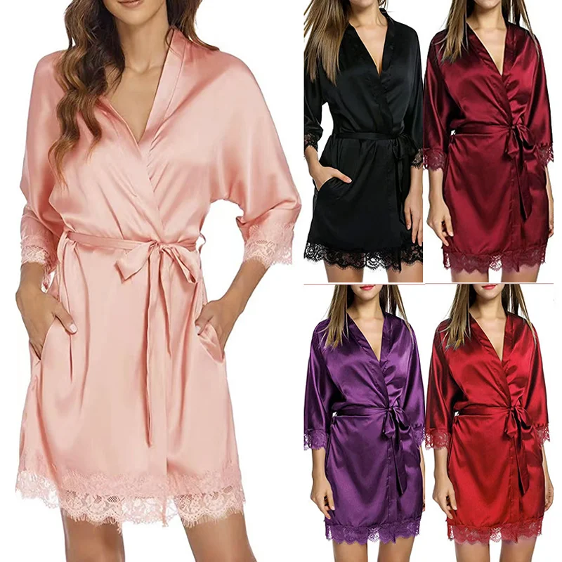 Women\'s New Robe Sexy Nightgown Ice Silk Underwear Home Lace Robe Bathrobe Sexy Ice Silk Large Size Pajama Dress Home Wear