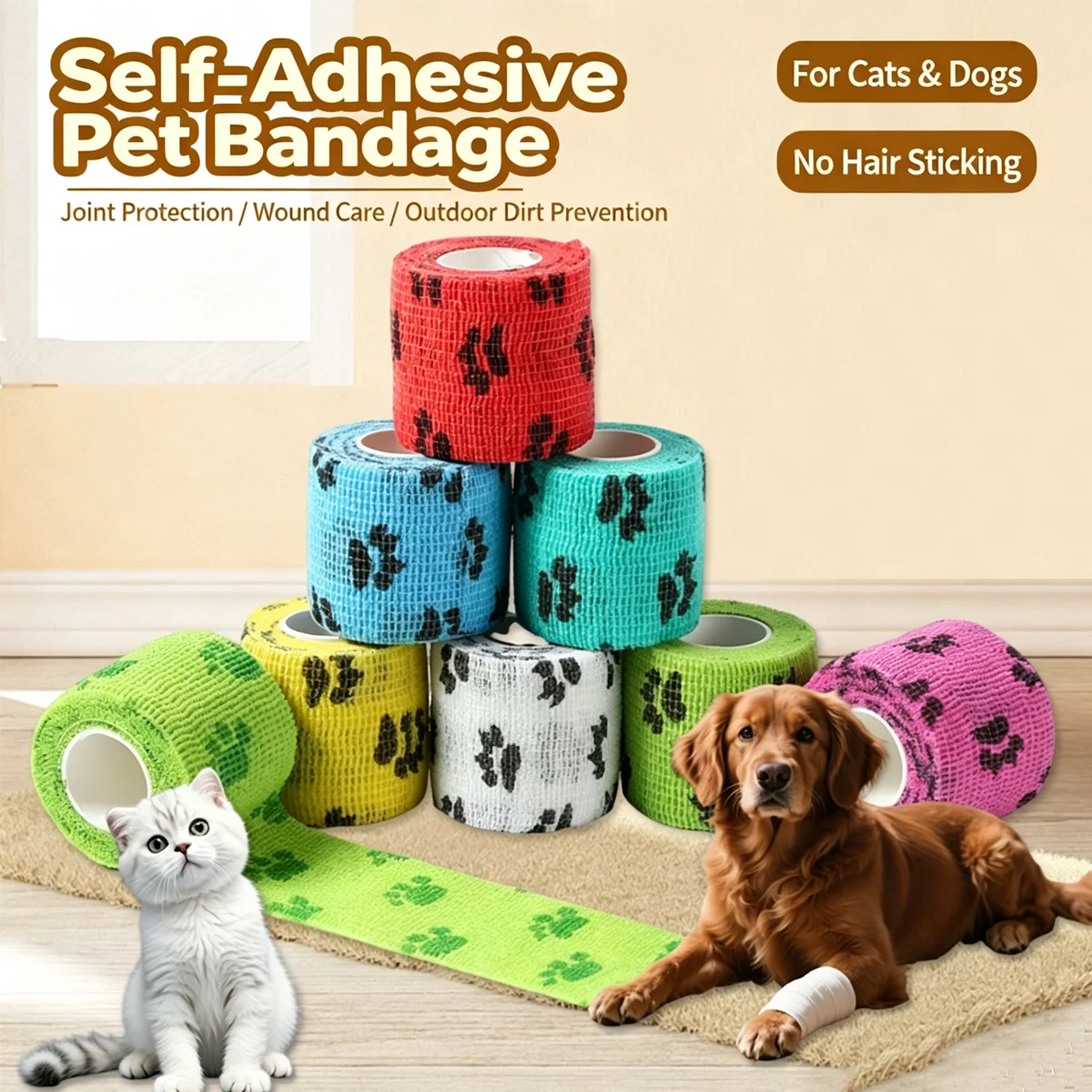 Pet Self‑Adhesive Bandage Non‑Sticky Hair Paw Print Elastic Cohesive Bandage ForDog&CatWound Care Joint Protection First AidTape