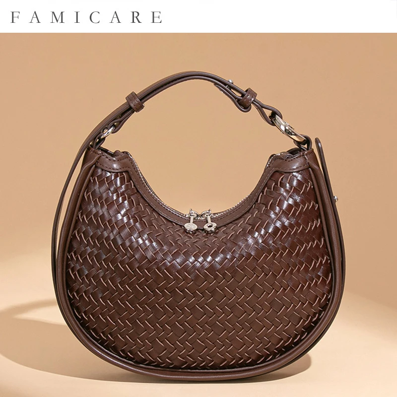 2026 Vintage Premium PU Leather Unique Single Shoulder Underarm Bag Fashion Woven Crescent Handbag Women Casual Crossbody Pack