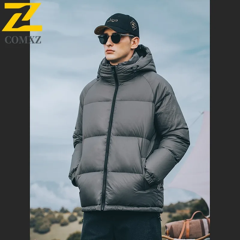 COMXZ Men's Down Jacket 2025 Solid Color Cold-Resistant Casual Sporty Skiing Parker Coat Urban Hooded Comfortable Padding Coat