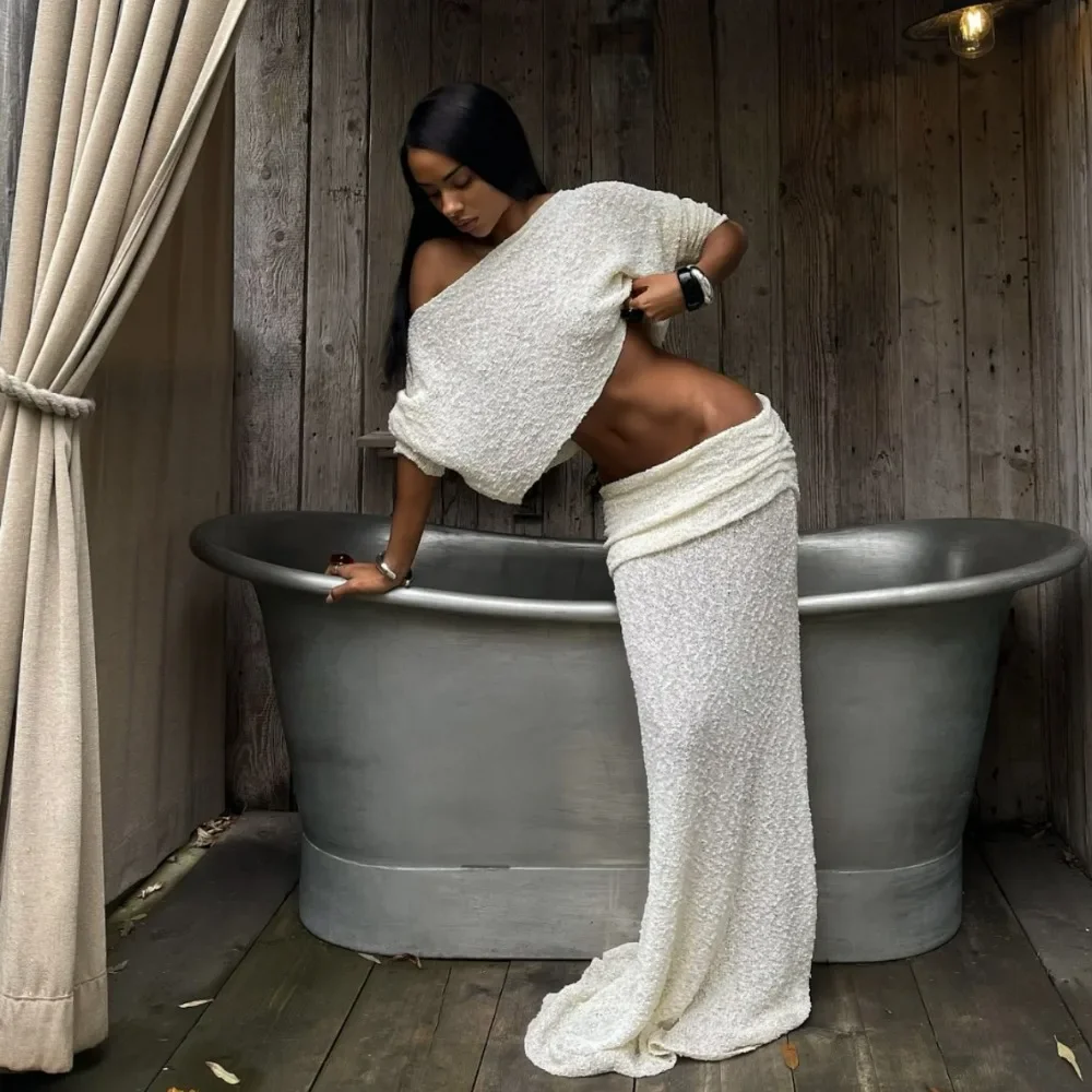 

XIAOTANG Summer Knit Beach Skirt Sets Women Sexy See Through Two Piece Outfits Long Sleeve Top and Maxi Skirt Matching Set 2025