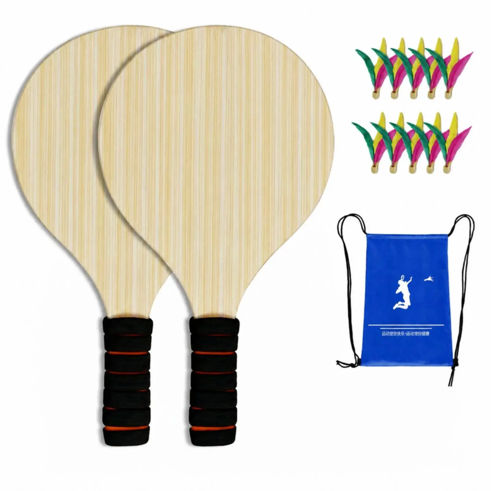 2 Pieces Wooden Paddle Set Solid Wood Badminton Kit Red Bands