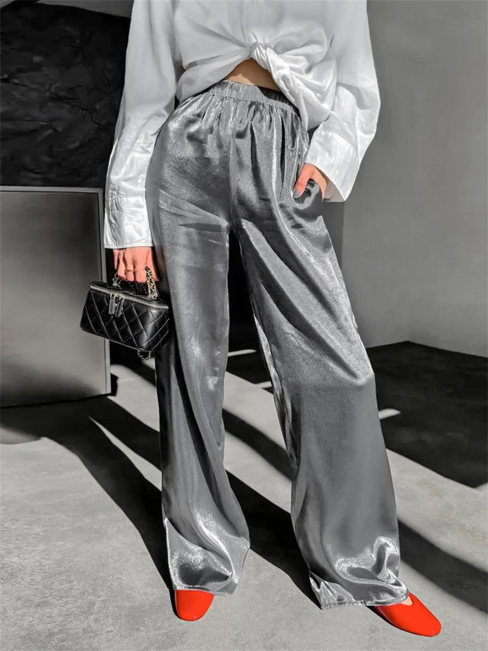 

Fashion Solid Wide Leg Long Pants for Women 2024 New Basic Pocket Elastic High Waist Trousers Female Pants Streetwear