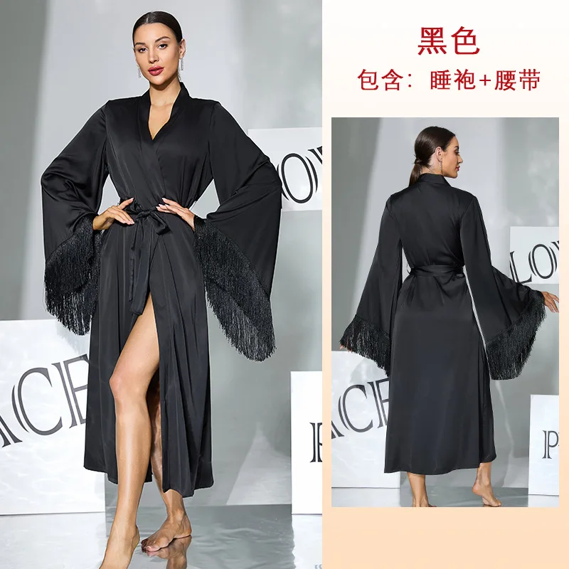 Women's Luxury Satin Long Robe, V-Neck Tie Waist Split Hem with Tassel Cuffs, Multi-Color Casual Minimalist Loungewear, Cross-Bo