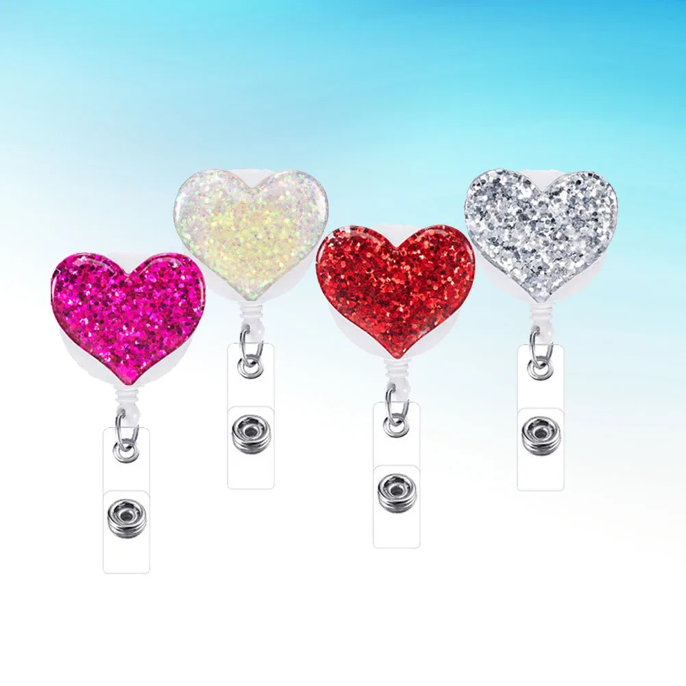 

4Pcs Nurse Badge Holder Heart Shape Shiny Rhinestone Retractable Id Badge Reel Clips for Nurses Teachers Students Hospital Staff