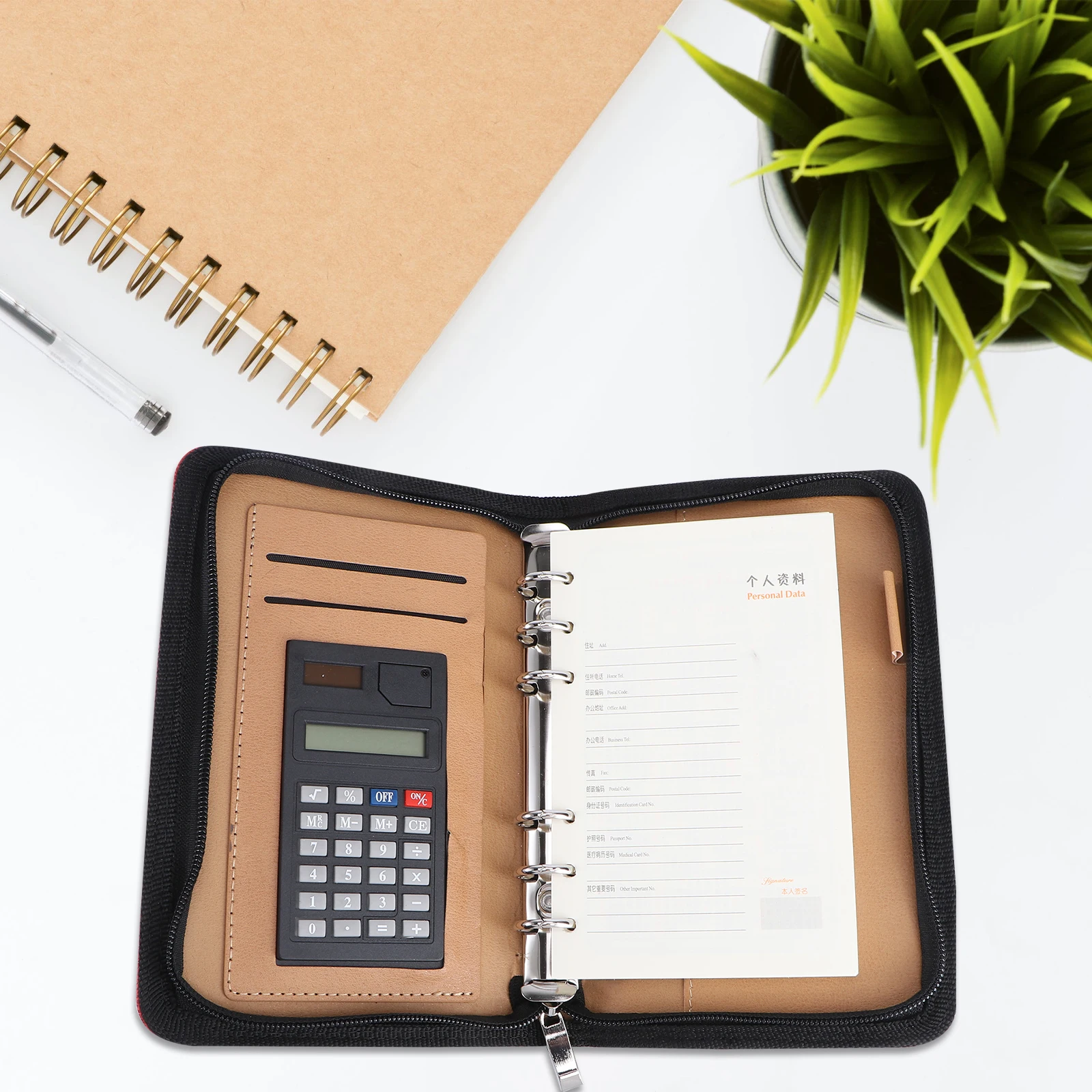 

Loose-leaf Calculator Faux Notebook Business Notepad Zipper Travel Agenda A6 Organizer File Pocket Cardholder Cash