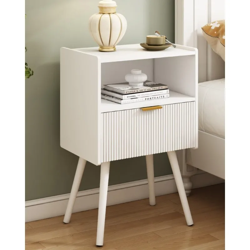 Modern White Nightstand with Storage Drawer and Open Shelf, Wood Legs Accent Table for Bedroom Living Room Small Spaces, Easy