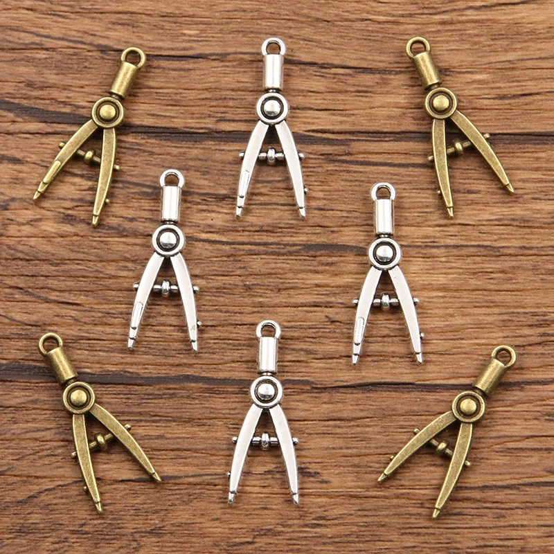 20PCS 11*28mm Metal Alloy Two Color Pencil Compass Charms Study Pendant For Jewelry Making DIY Handmade Craft
