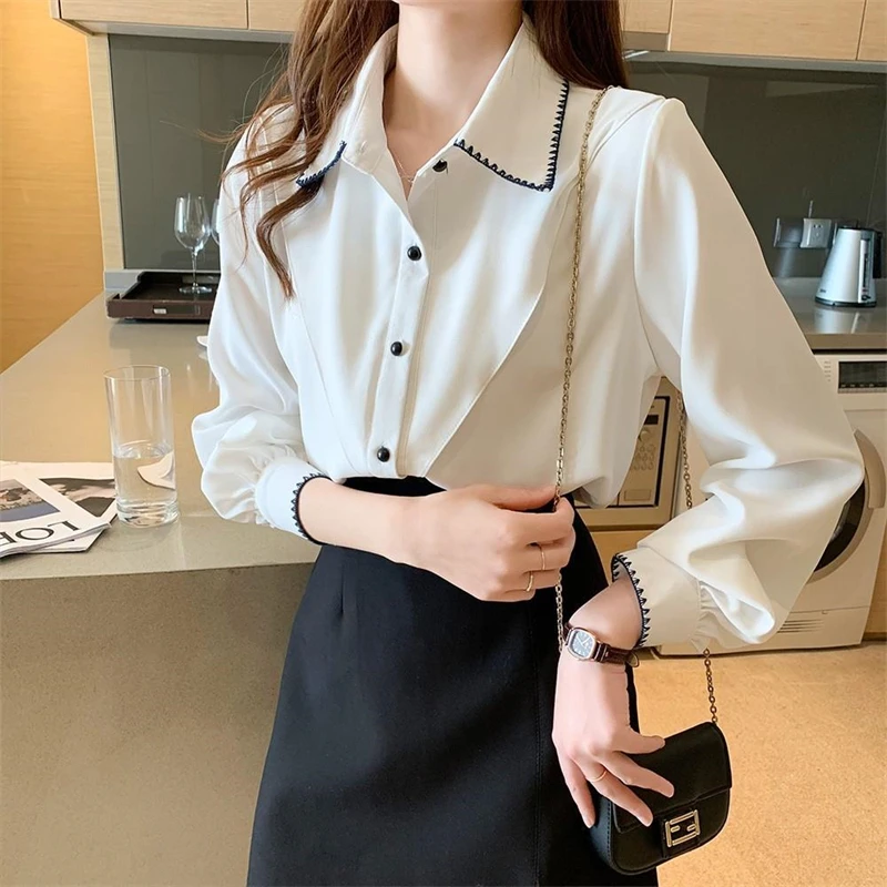 Women\'s Stylish Turn Down Collar Embroidered Design Shirt Office Lady Elegant Commute Blouse Solid Long Sleeve Loose Chic Tops