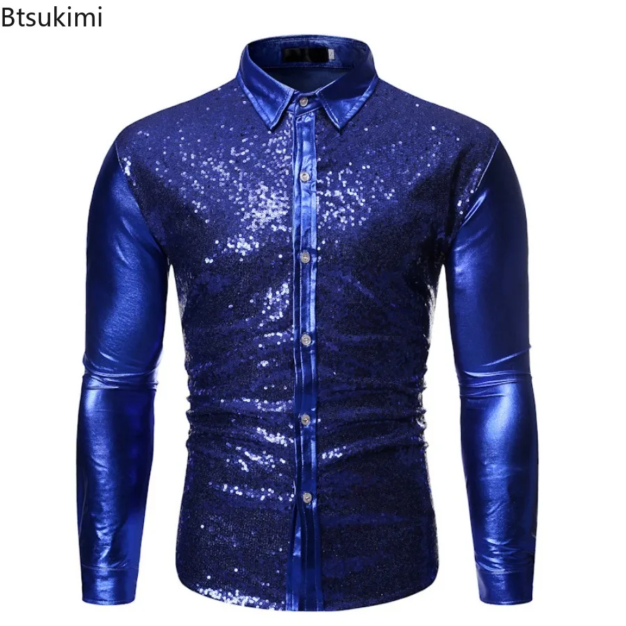 2025 Men's Metallic Sequins Glitter Shirts Fashion Long Sleeve Button-up Lapel Disco Nightclub Tops Stage Singer Costume Camisas