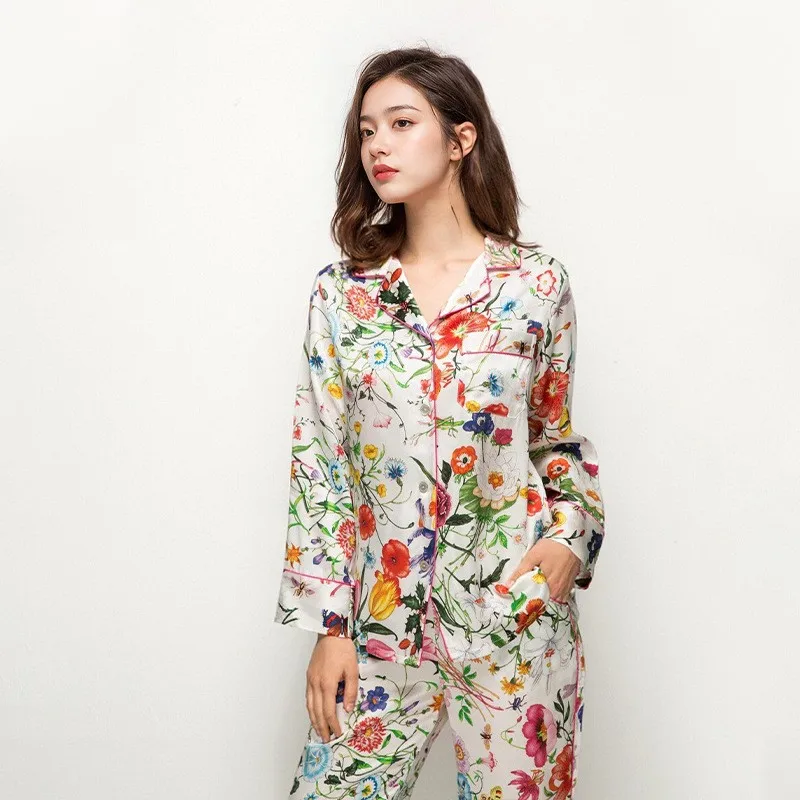 High Quality 2024 Autumn Real Silk Pajamas Suit Women's Real Silkworm% Home Wear Twinset Outfit