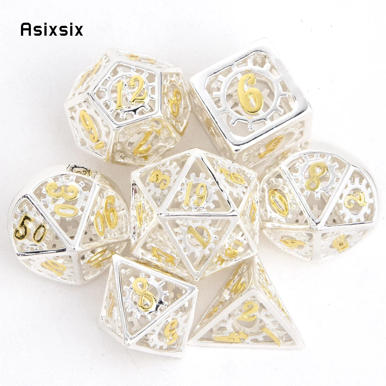 

7 Pcs White Yellow Wheel Gear Metal Dice Hollow Metal Polyhedral Dice Set Suitable for Role-Playing RPG Board Game Card Game