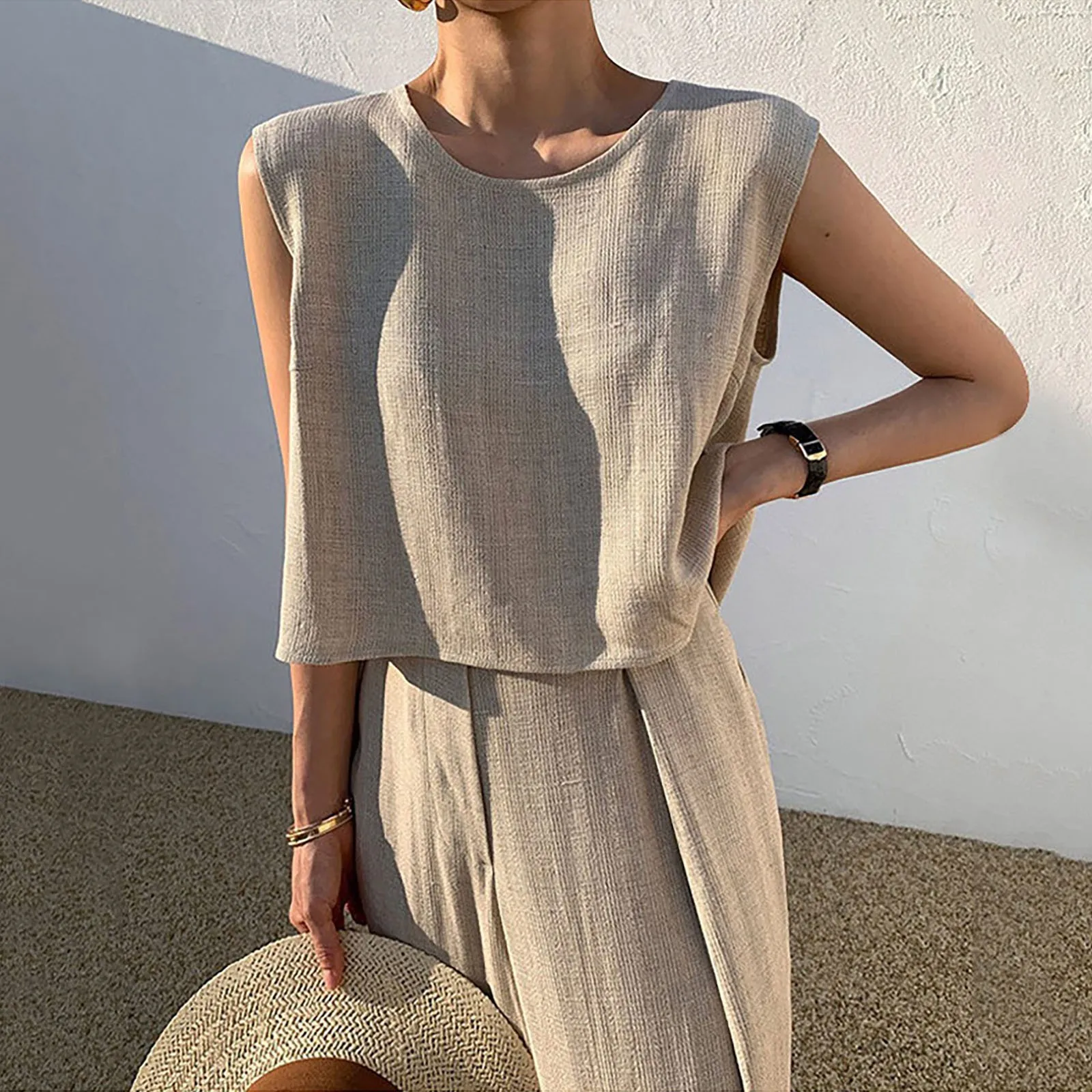 

Summer Women Solid Cotton Linen Suits Sleeveless O-Neck Tank Top Wide Leg Pants Two Piece Sets Female Fashion Casual Loose Suit