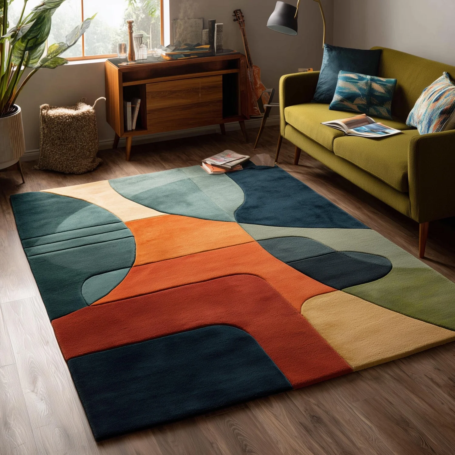 Room Decor Rug Teal Orange Olive Geometric Block Abstract Area Rug, Soft Floor carpet, rugs for livingroom, rug for bedroom, Rectangle Floor Mat, Fits Boho Mid-Century Apartment, Color Block Curved Sh