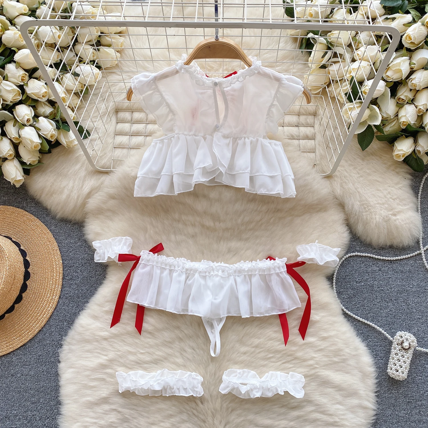 Sweet Sexy Pajama Set Transparent Hollow Flying Sleeves Ruffled Crop Top With Mini Pleated Skirt Hand And Leg Loops 4 Pieces Set