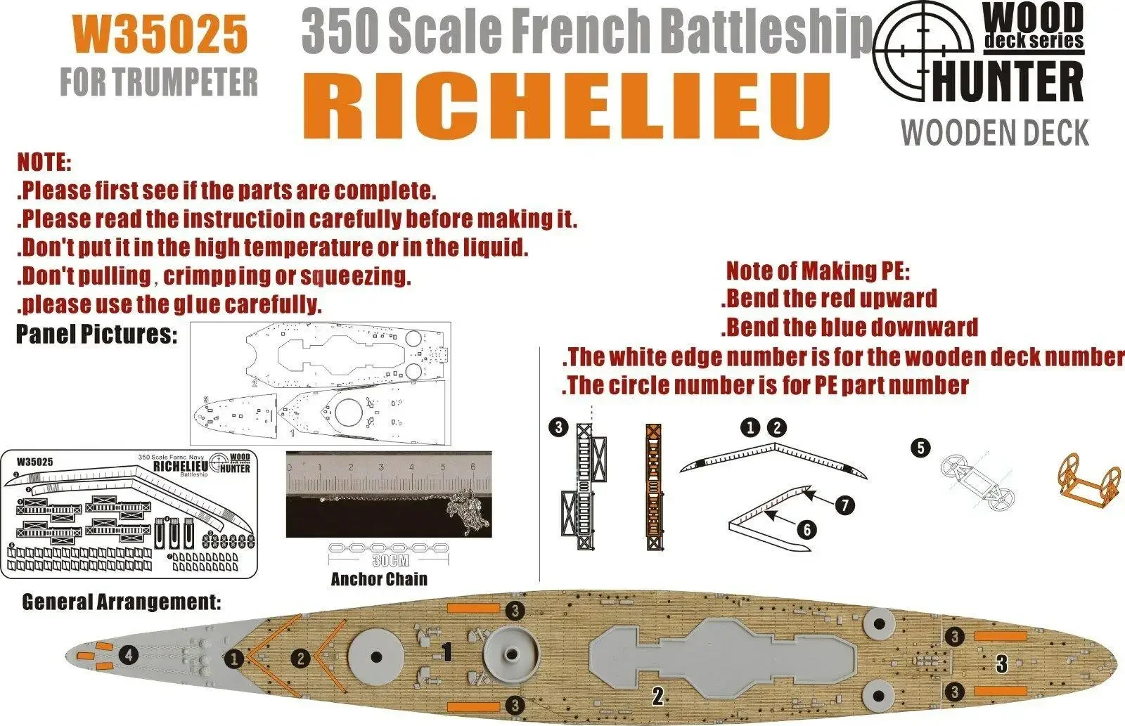 Hunter 1/350 W35025 Wood deck French Richelieu for Trumpeter Top quality