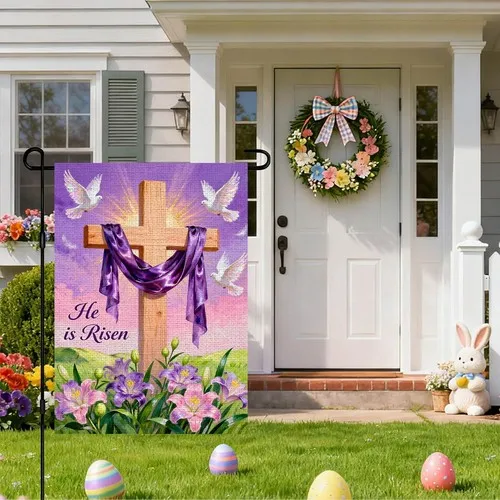 Easter Garden Flag He Is Risen Burlap Flag Double Sided Wooden, 12x18 Inch XXQ