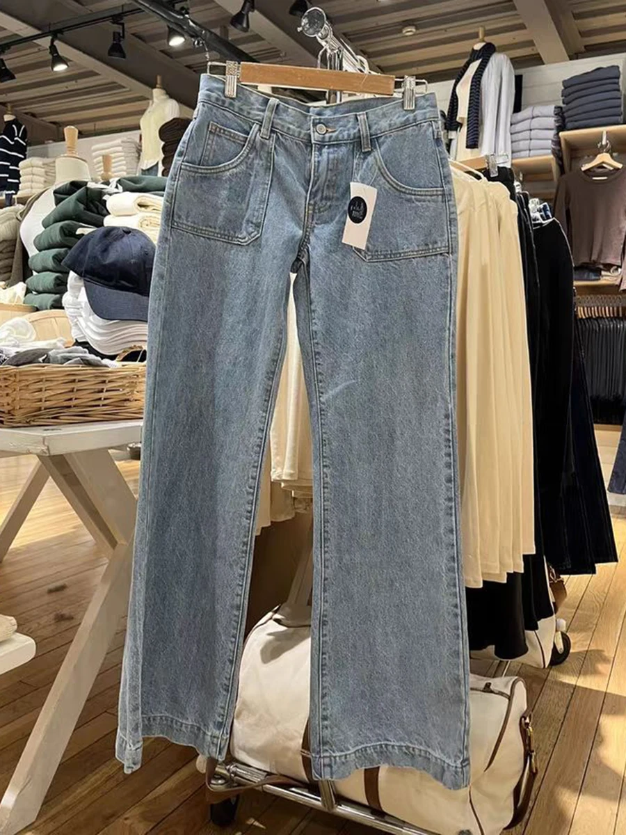 Back Buttons Low Rise Jeans Women Spring Casual Pockets Straight Denim Pants Femme Retro Casual Streetwear Y2k Cotton Trousers