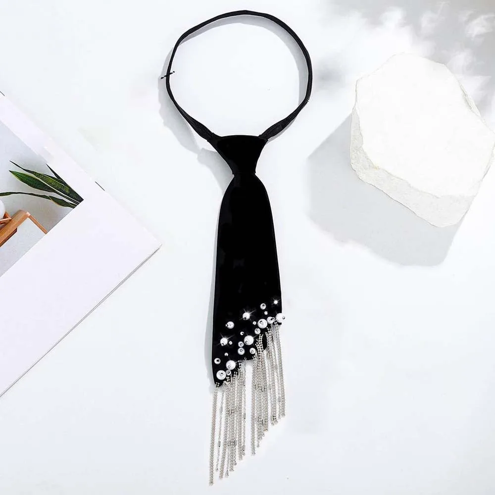 Temperament Korean Style Pearls Tie Tassels Choker Hand-beaded Long Necktie Necklace Black Decoration Shirt Tie Men