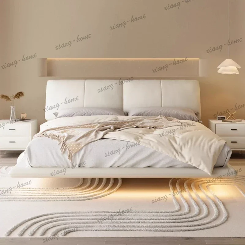 FG White Suspended Bed Italian Minimalism Elephant Ear Design Bedroom Furniture Intelligent Sensor Light Strip Leather Backrest