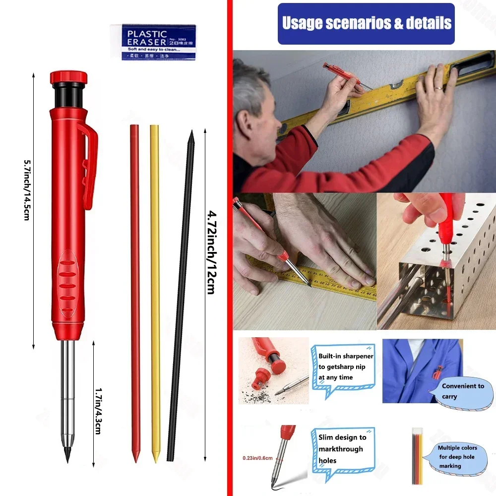 Crayon de charpentier professionnel en métal à tête longue, marqueur de trou profond, ingénierie pour le travail de calcul, outil de construction,