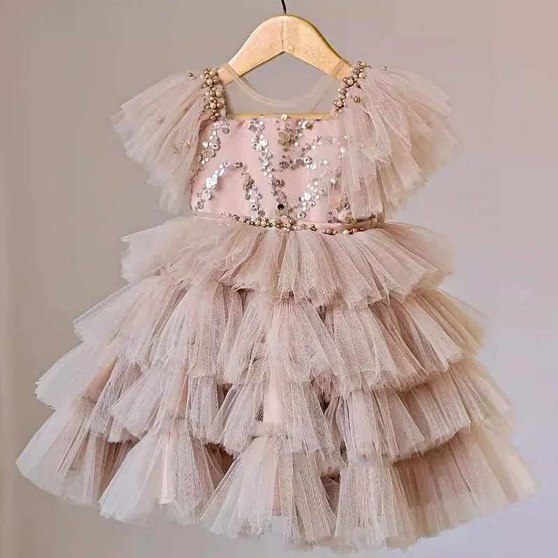 

Girls' 2024 New Children's Fashion Sequin Princess Dress Hollow High end Cake Dress Banquet Walk Show Evening Dress