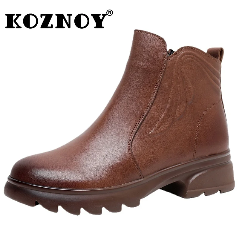 Koznoy 3,5 cm echtes Leder Stiefeletten Schornstein Frühling gut sitzende Frauen Herbst ethnischen Chelsea Stiefel britische Mode Schuhe