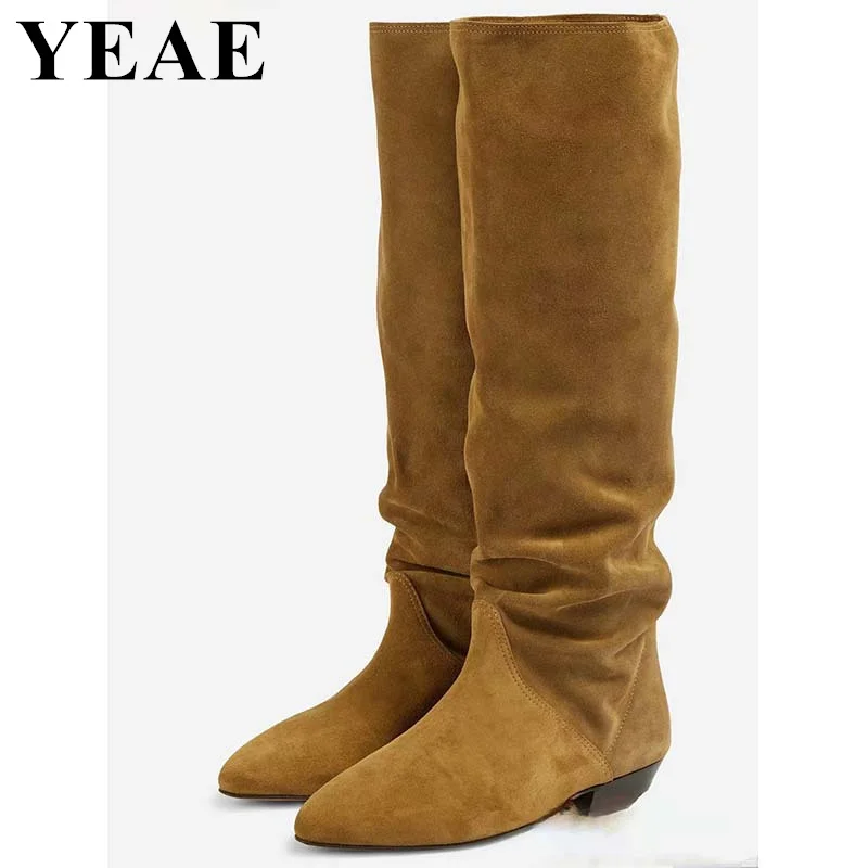 2024 New Women\'s Pleated Knee-high Boots Female Slip On Long Knight Boots Woman Winter Autumn Pointed Toe Western Cowboy Boots