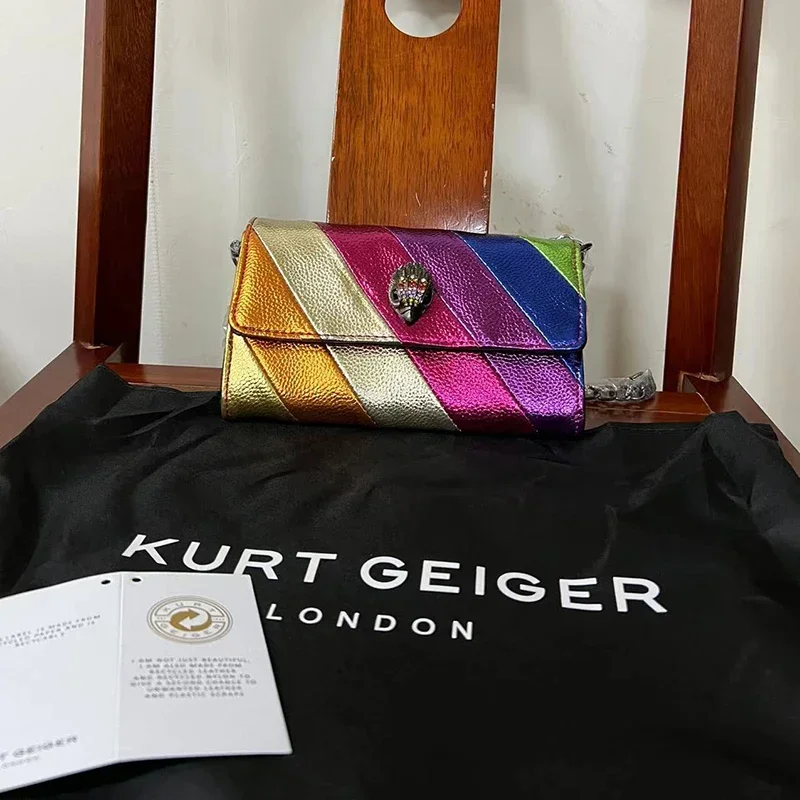 

Kurt G Luxury Clutch Bag Multi Colorful Patchwork Handbag Elegant And Stylish Dinner Bag Metallic Chain Jointing Purse