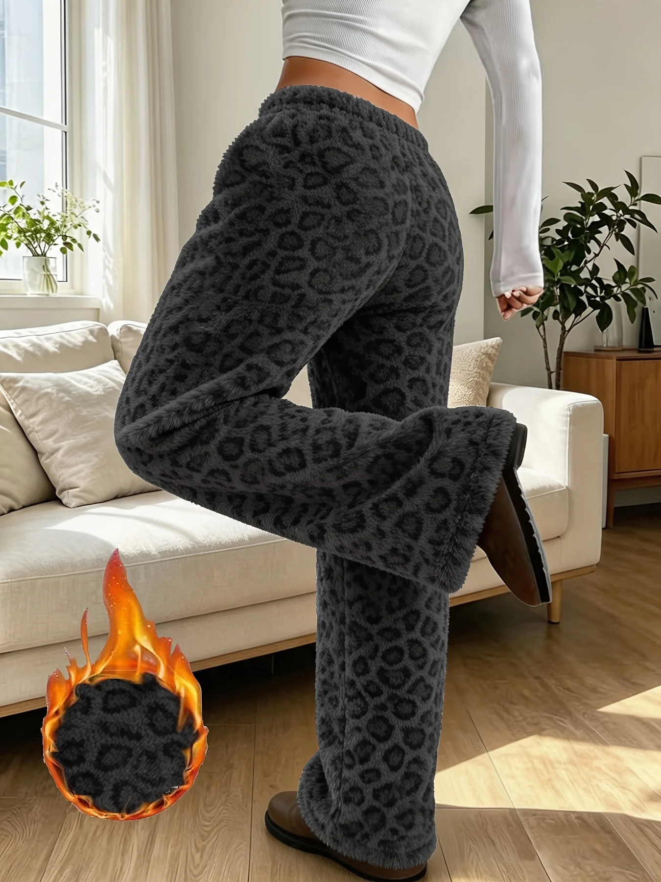 Women's Cute Leopard Print Patterned Casual Plush Pants, Suitable for Women's Daily Wear and Home Outfits
