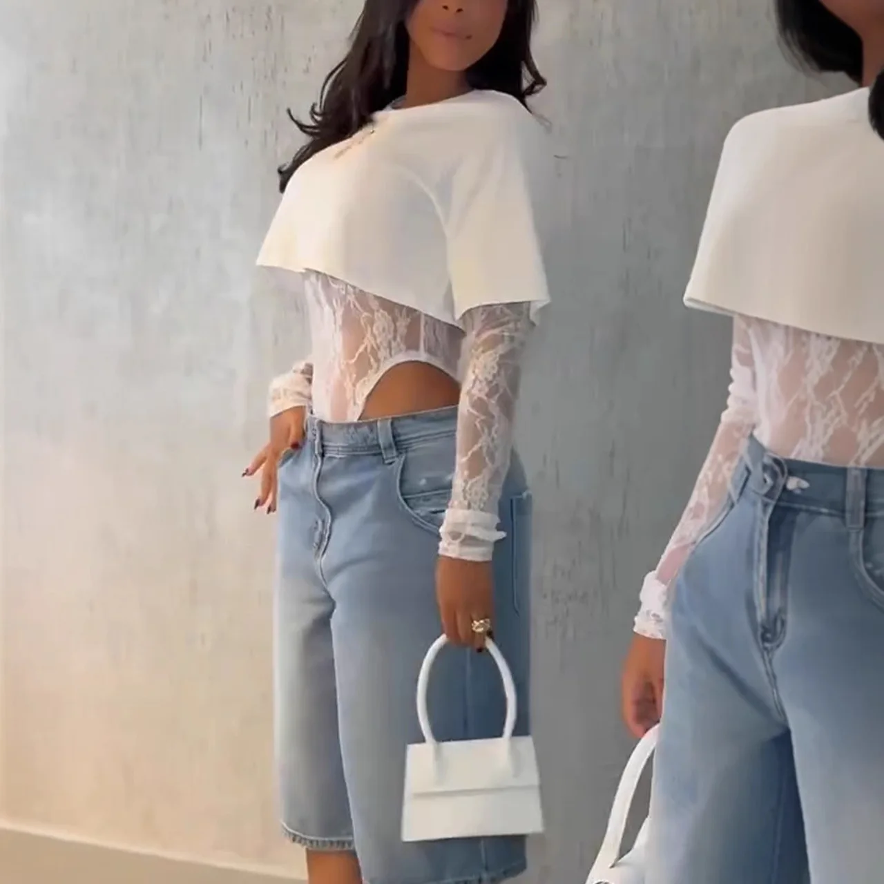 Lace T-shirt Top jumpsuit Women's round neck long sleeved irregular top Summer fashion Women's street wear