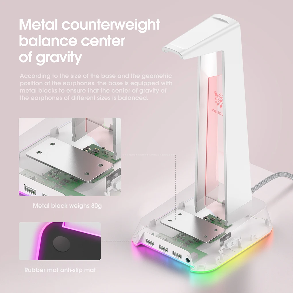 

ONIKUMA Headphone Stand Charging Headset Holder with 3.5mm Audio Port Office Button Operation RGB Breathing Light Earphone Rack