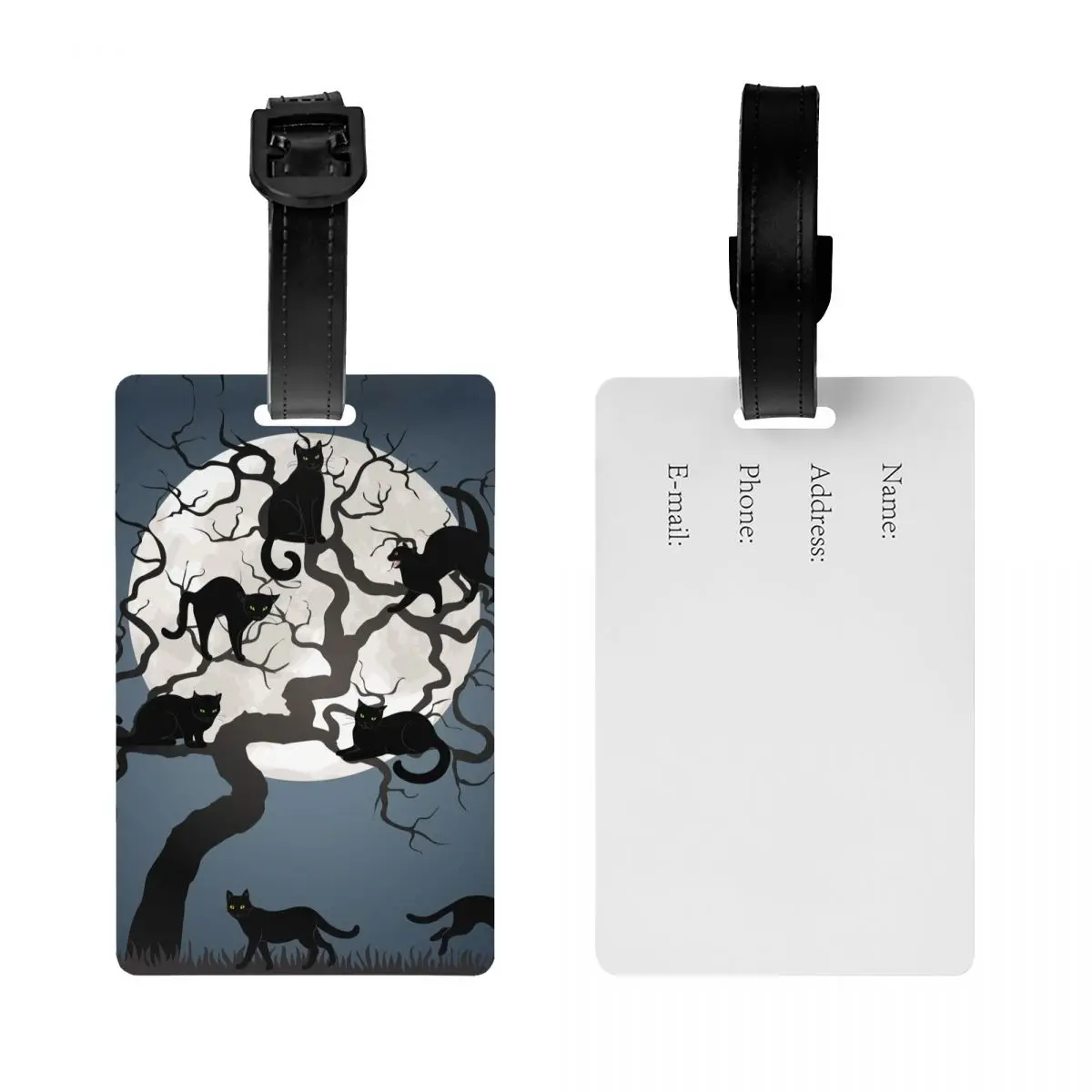 Custom Black Cat Full Moon Dead Tree Luggage Tag With Name Card Privacy Cover ID Label for Travel Bag Suitcase