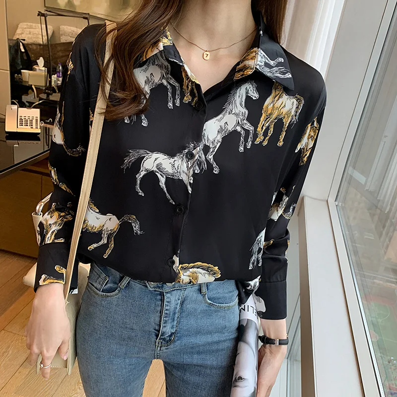 Elegant Collared Long Sleeve Button Up Horse Print Blouses Office OL  Female Chiffon Black Tshirts Top Women Spring Fall 2024