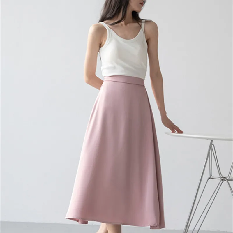 

Skirts for Women Elastic High Waiste Silk Satin Skirts Korean Fashion A-line Skirt Solid Summer Midi Skirt Casual Woman Clothes