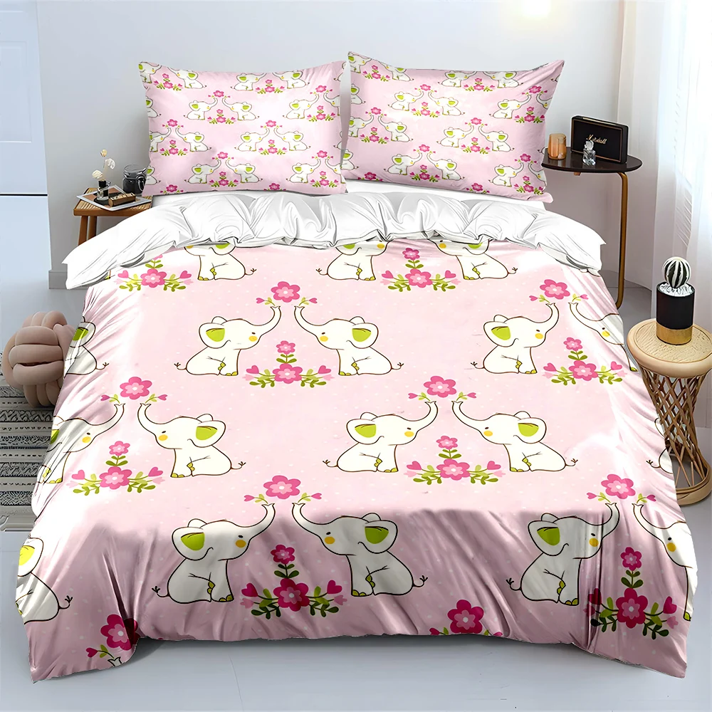 ピンクの漫画の象と花柄の布団カバーセットデジタルプリントポリ - Duvet Cover Sets With Zipper のレビューと価格