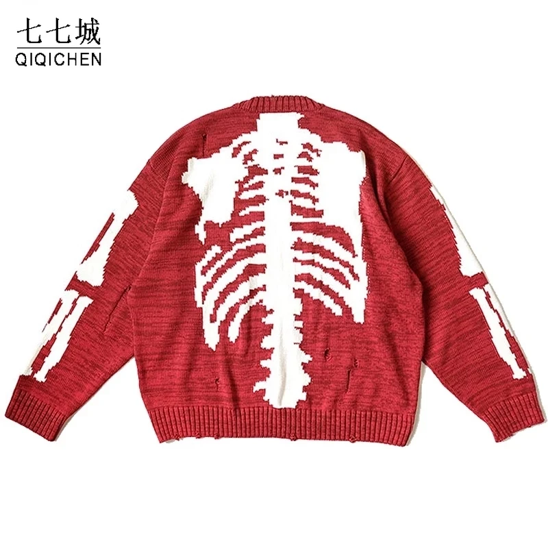 

Mens Hip Hop Sweater Skeleton Bone Printing Oversized Woman High Quality Streetwear Damage Hole Vintage Punk 1:1Knitted Pullover