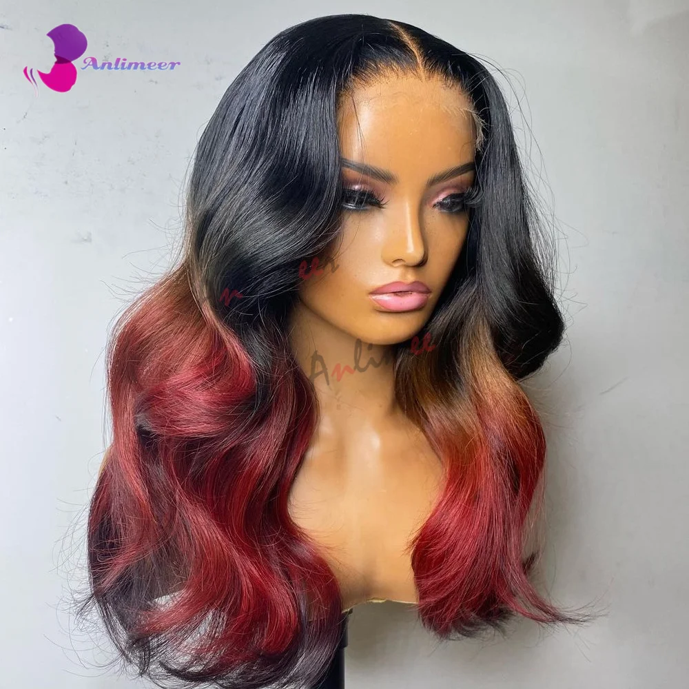 Perruque Lace Front Wig sans colle brésilienne naturelle, cheveux humains, rouge ombré, trois couleurs, pre-plucked, pour femmes