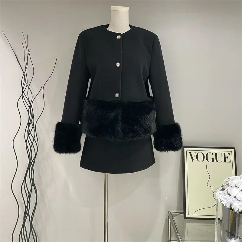 2024 Fall Winter Women Long Sleeve Woolen Fabric Faux Fur Single Breasted Coat Mini Skirt Solid Color Black Warm Matching Sets