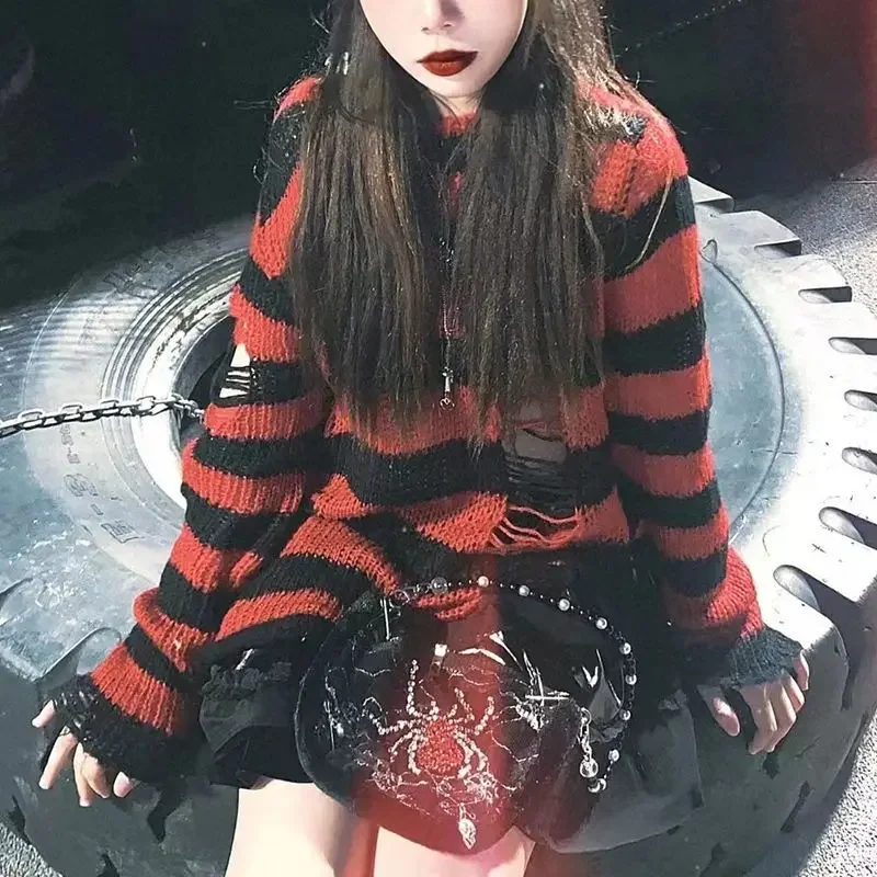 TUMAO Women Y2K E-girl Goth Hole Striped Knitted Pullovers Long Sleeve Ripped Sweater Jumpers Punk Style Kawaii Harajuku