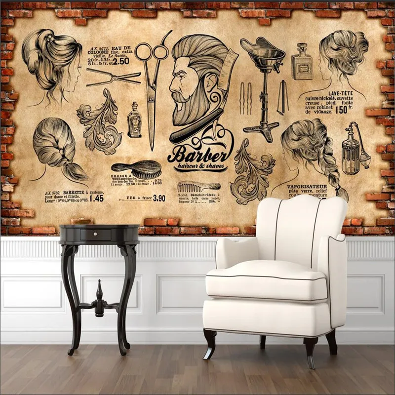 

Custom Size Retro Barber Shop Wall Paper 3D Hair Salon Industrial Decor Brick Background Mural Wallpaper Papel De Parede 3d