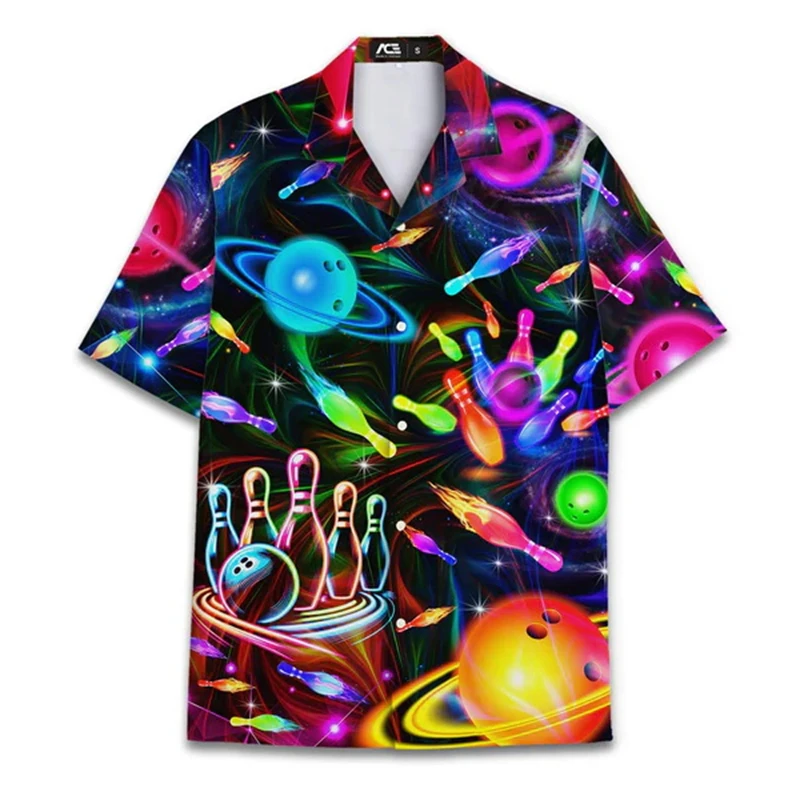

Colorful Neon Bowling Ball Printed Shirt New Hawaiian Men's Shirts Loose Size Lapel Collar Men's Clothing Casual Unisex Y2k Tops