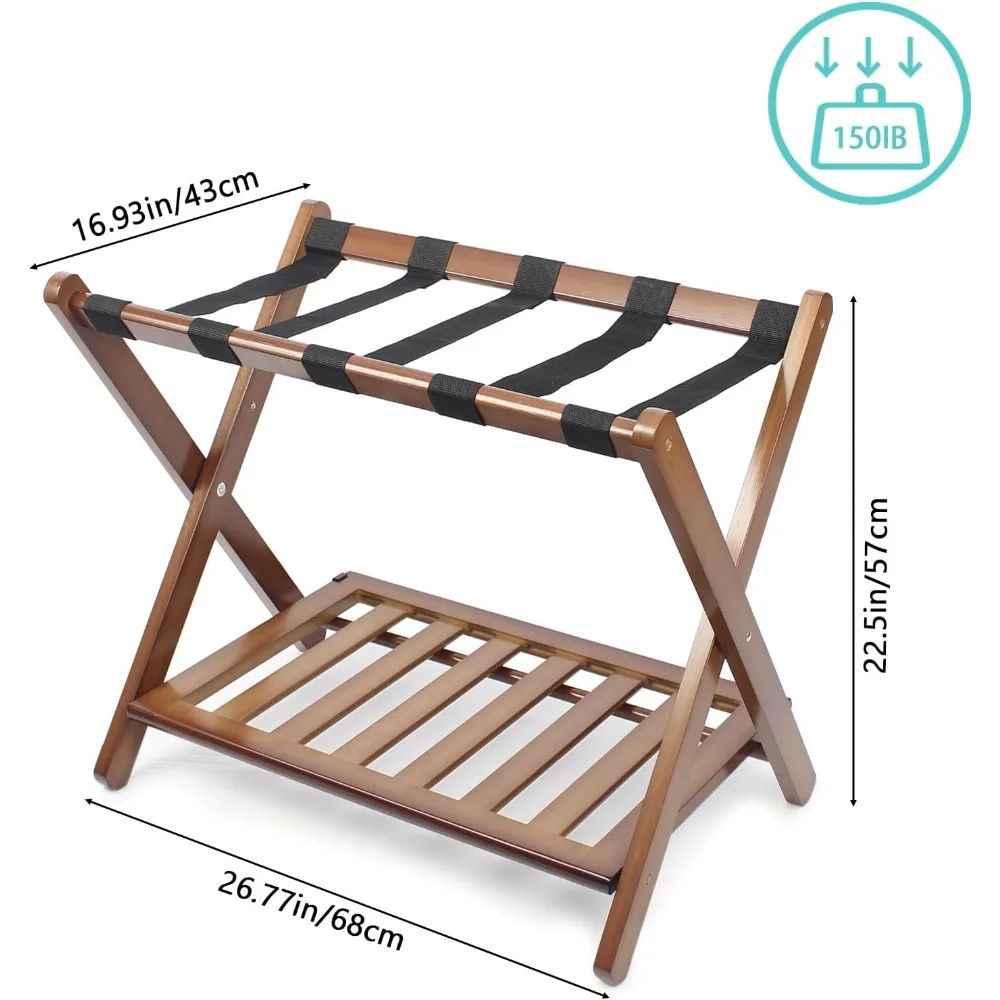Fully Assembled Walnut Bamboo Luggage Rack with Shoe Shelf, Folding Suitcase Stand with 5 Heavy-Duty Straps