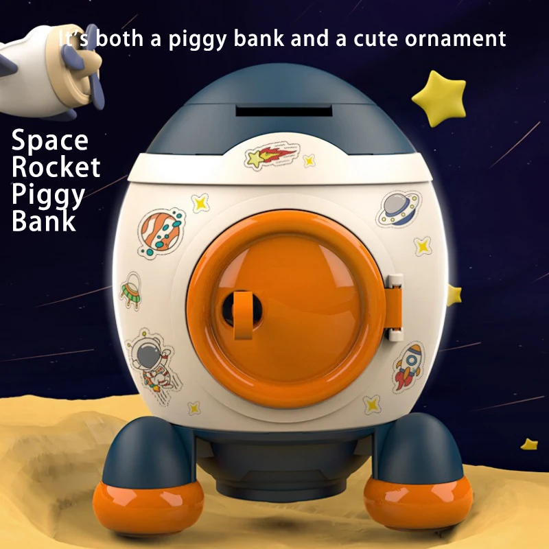 Children's Cartoon Rocket Piggy Bank with Large Capacity, Money Storage Box with Keys, Cute Ornaments, Supermarket Toys