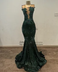 Green Lace Appliques Prom Dresses With Luxury Beaded Crystals Evening Party Gown Long Black Girls Mermaid  robes de soirée