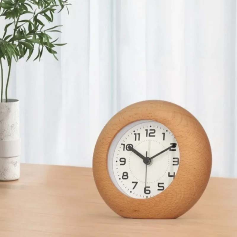 Solid Wood Student Wake-up Alarm Clock Night Light Bedroom Desktop Decorative Quartz Clock Silent Scan Alarm Watch Ornaments