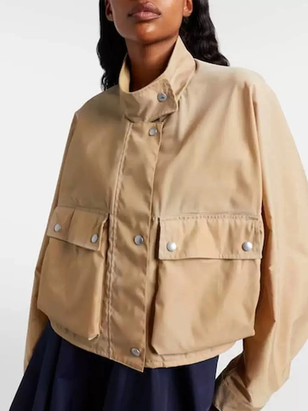 Lightweight Nylon Short Jacket Women's Stylish Collarless Coat Casual Spring 2026 Fashion Trendy Pocket Detail Workwear Style