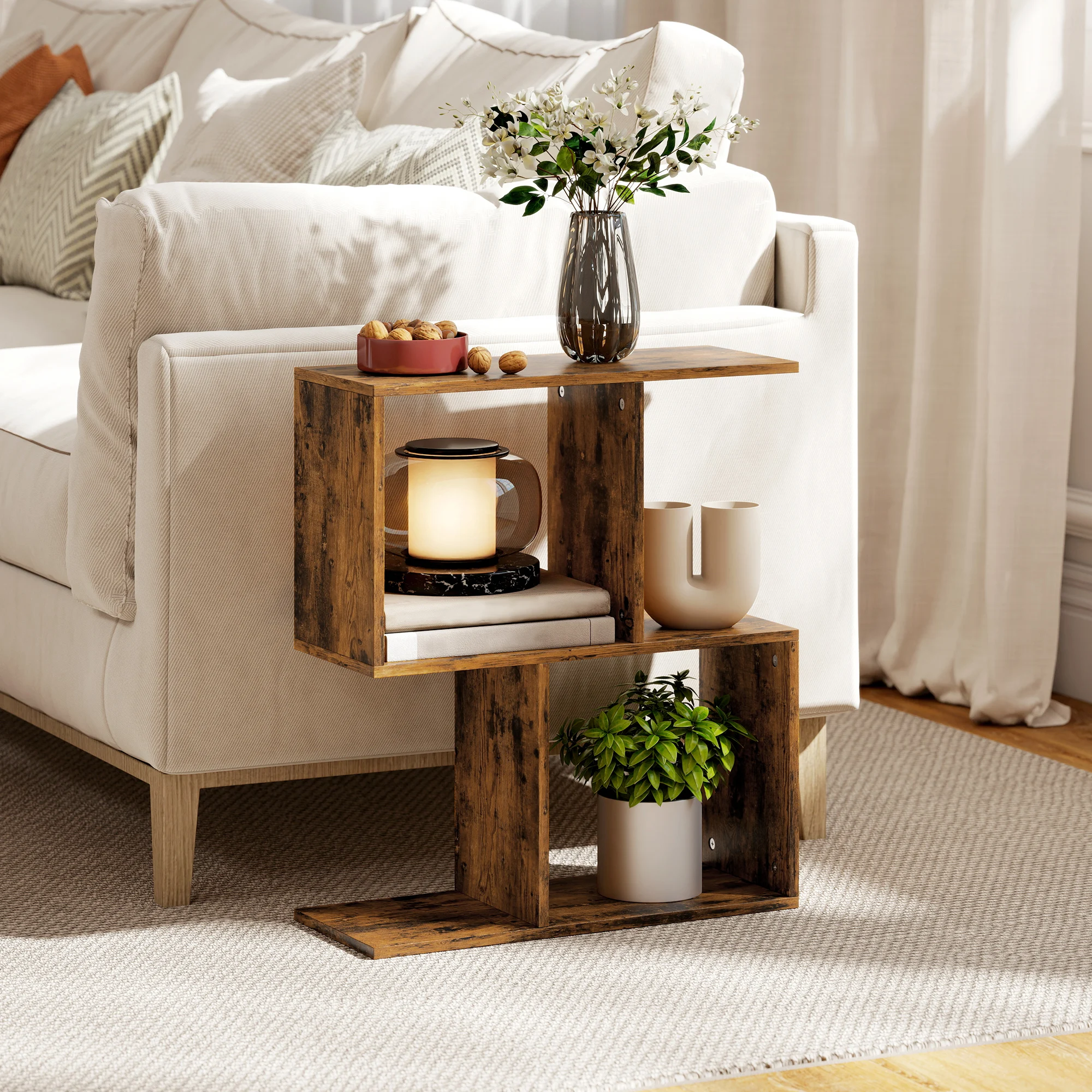 HOMCOM Wood-Grain Finish Side Table, S-Shaped Narrow End Table with 3-Tier Storage Shelves for Living Room, 19.7